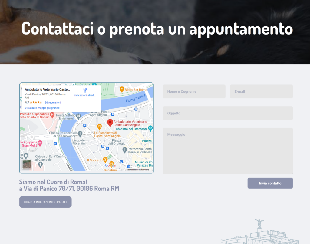 Screenshot della pagina contatti del sito ambulatorioveterinariocastelsantangelo.it