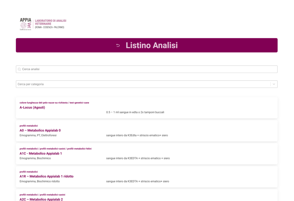 Screenshot della pagina "listino prezzi" del sito appiavet.com