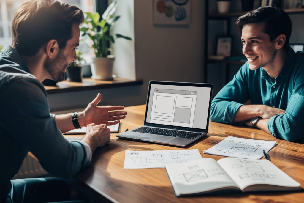 Persona spiega un wireframe di sito web durante una call iniziale di consulenza