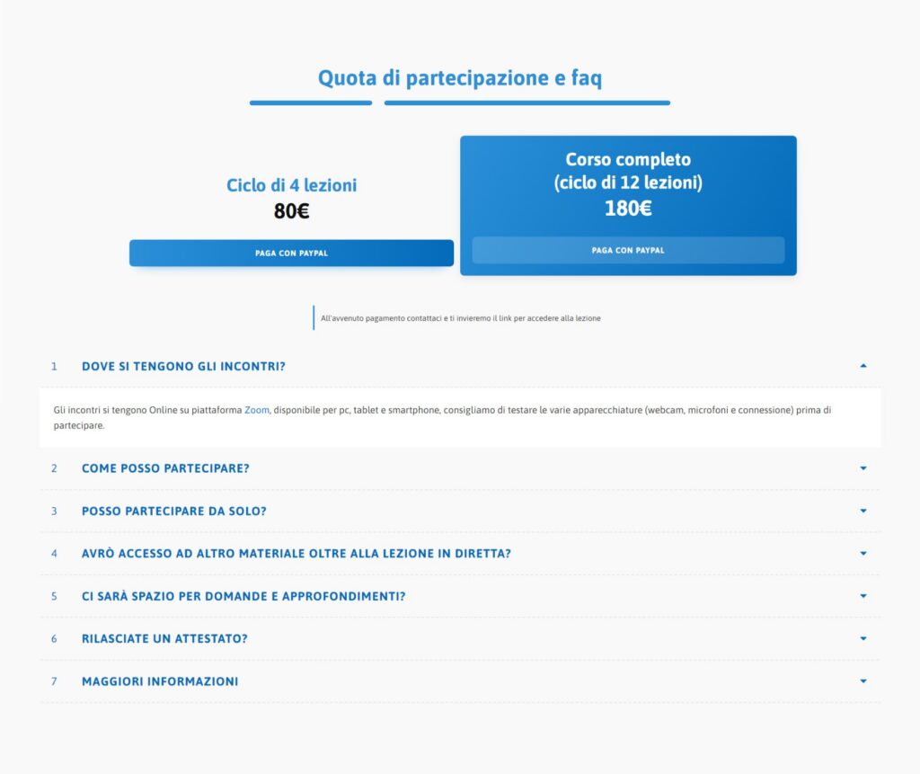 Schermata della sezione "quota di partecipazione e faq" del sito lo-shiatsu-passo-dopo-passo.ilfiume.org