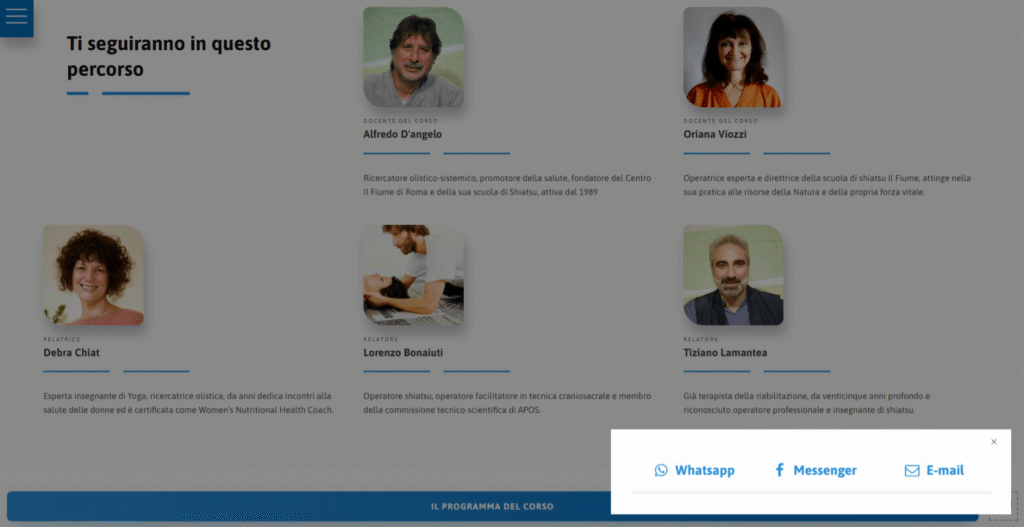 Schermata della sezione "ti seguiranno in questo percorso" con il sovraimpressione il menu contattaci del sito lo-shiatsu-passo-dopo-passo.ilfiume.org