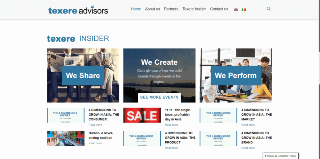 Schermata della sezione blog della homepage del sito texereadvisors.com