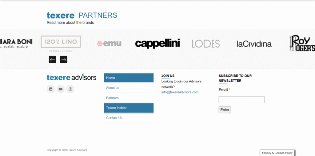Schermata dello slider partner della homepage del sito texereadvisors.com