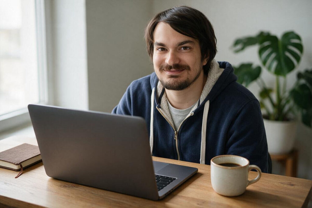 Web designer sorridente al lavoro alla scrivania davanti al laptop, ambiente home office con luce naturale