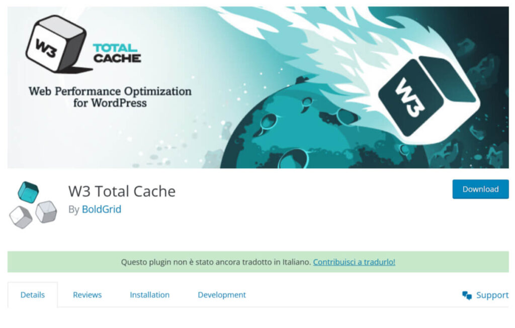 Schermata della pagina del plugin w3 Total cache nel repository di wordpress.