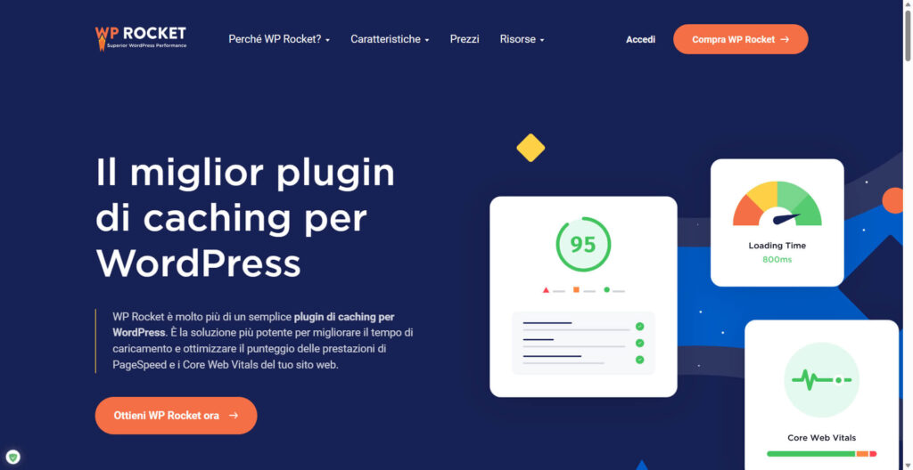Schermata della homepage del sito di Wp rocket.