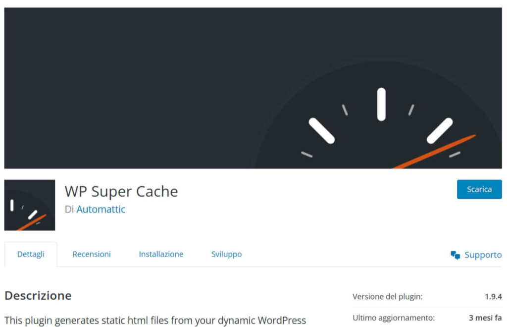 Schermata della pagina del plugin WP super cache nel repository di wordpress.