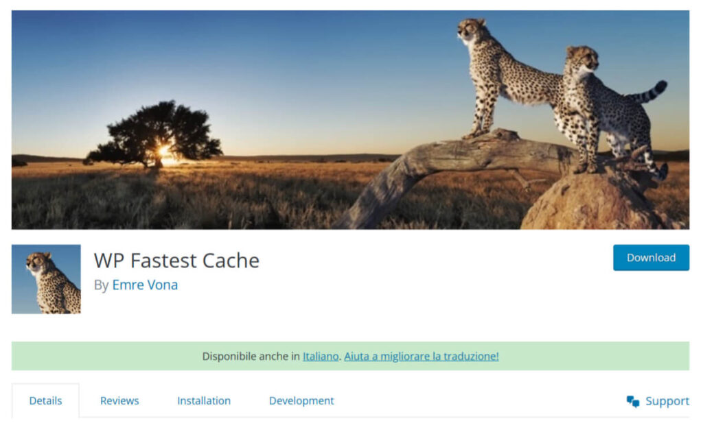 Schermata della pagina del plugin WP Fastest cache nel repository di wordpress.