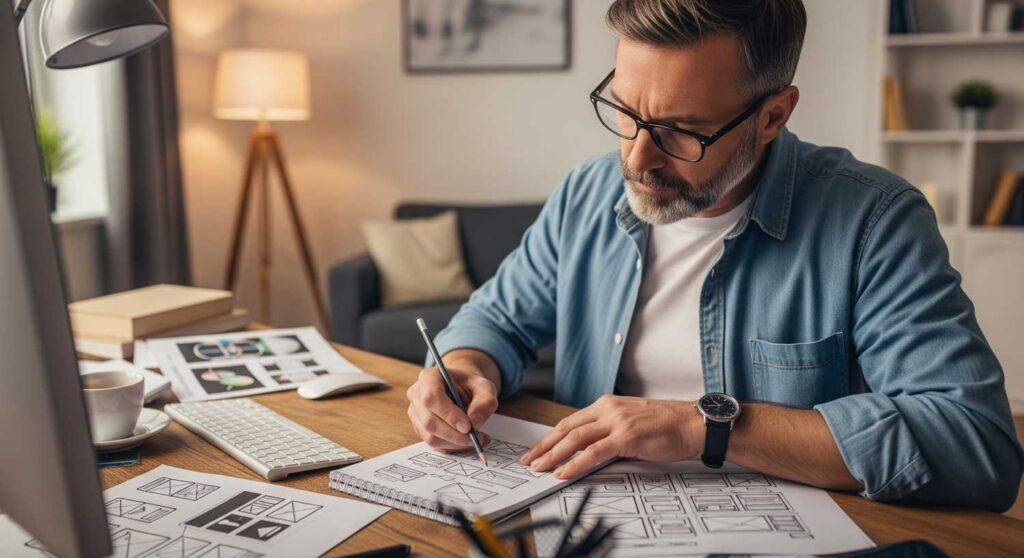 Designer al lavoro su appunti e schizzi per principi di UX design in un ambiente di lavoro creativo e moderno.