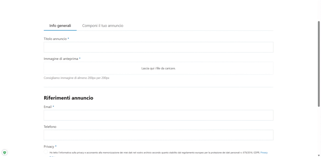 Dettaglio pagina aggiungi annuncio del sito web lavoroabivet.com