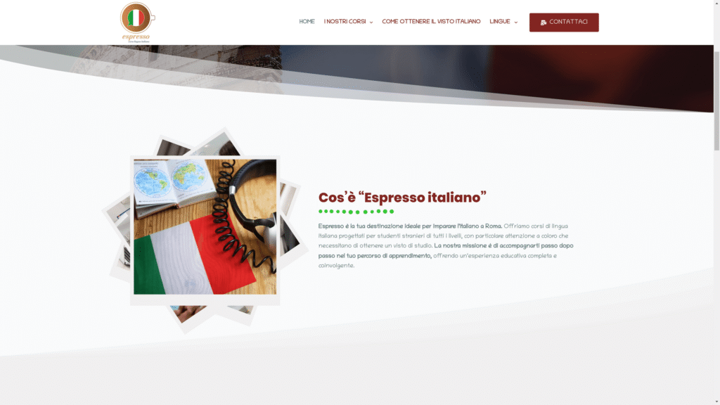 La pagina del sito web Espresso Italiano presenta una sezione dettagliata che spiega cos'è "Espresso Italiano", a lato una immagine con una bandiera italiana delle cuffie e una mappa in alto.