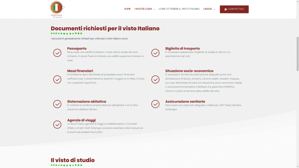 Screenshot della pagina con l'elenco dei documenti richiesti per il visto sul sito Espresso Corso Italiano.