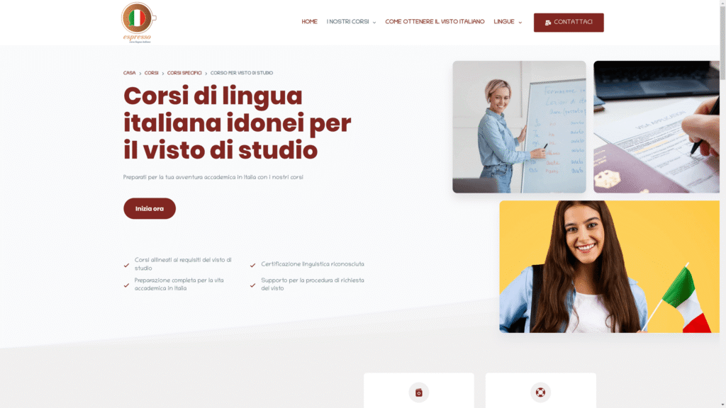 Screenshot della homepage del sito Espresso Corso Italiano, che promuove corsi di lingua italiana.
