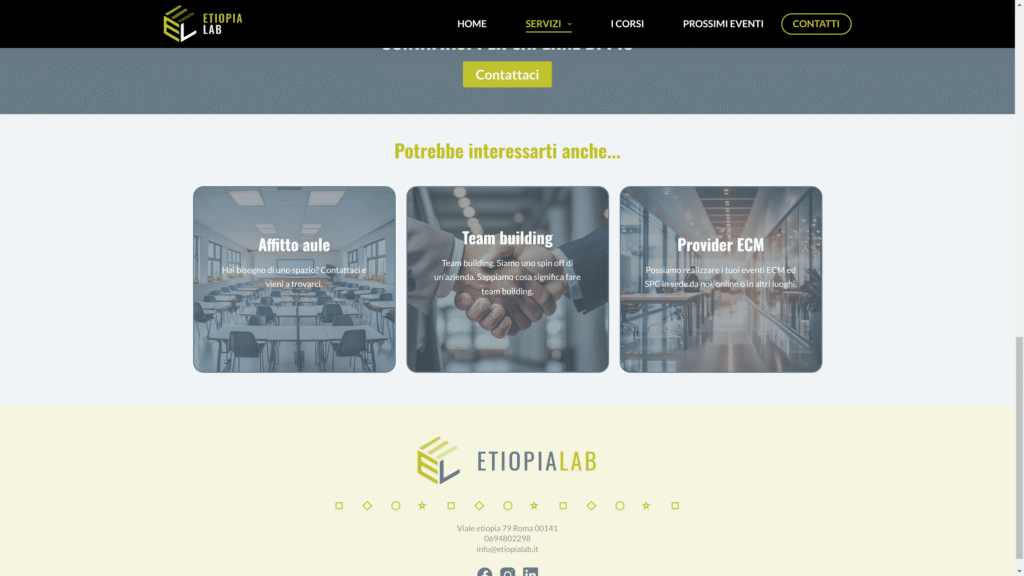 Screenshot del sito web Sito Etiopialab che presenta servizi di noleggio classi, team building e provider ECM. Il sito web include informazioni di contatto e link di navigazione per home, servizi, corsi ed eventi imminenti.