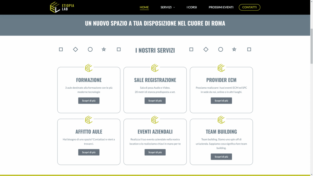 Particolare del sito Etiopialab riguardante i servizi che offre servizi come formazione, affitto sale, eventi aziendali e team building a Roma. Il sito ha un menu con schede per Home, Servizi, Corsi, Prossimi e Contatti.