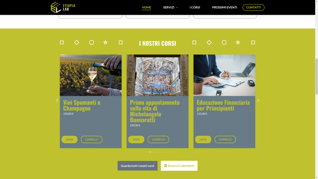 Schermata del sito web della pagina dei corsi di Etiopialab che mostra tre corsi: Degustazione di vini e champagne, Introduzione a Michelangelo Buonarroti e Educazione finanziaria per principianti, etc etc