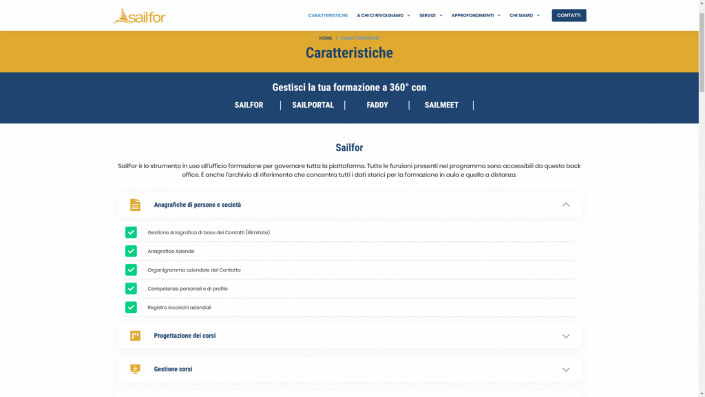 Screenshot di una pagina Web che mostra le funzionalità di gestione della formazione di Sailfor, tra cui monitoraggio delle presenze, pianificazione dei corsi e strumenti di gestione.