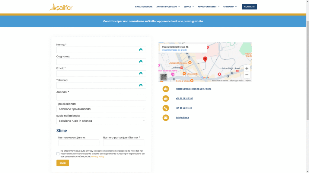 Uno screenshot del sito web di Sailfor mostra un modulo di contatto con campi per informazioni personali, come nome, cognome, e-mail e numero di telefono, insieme a una mappa che mostra la posizione.