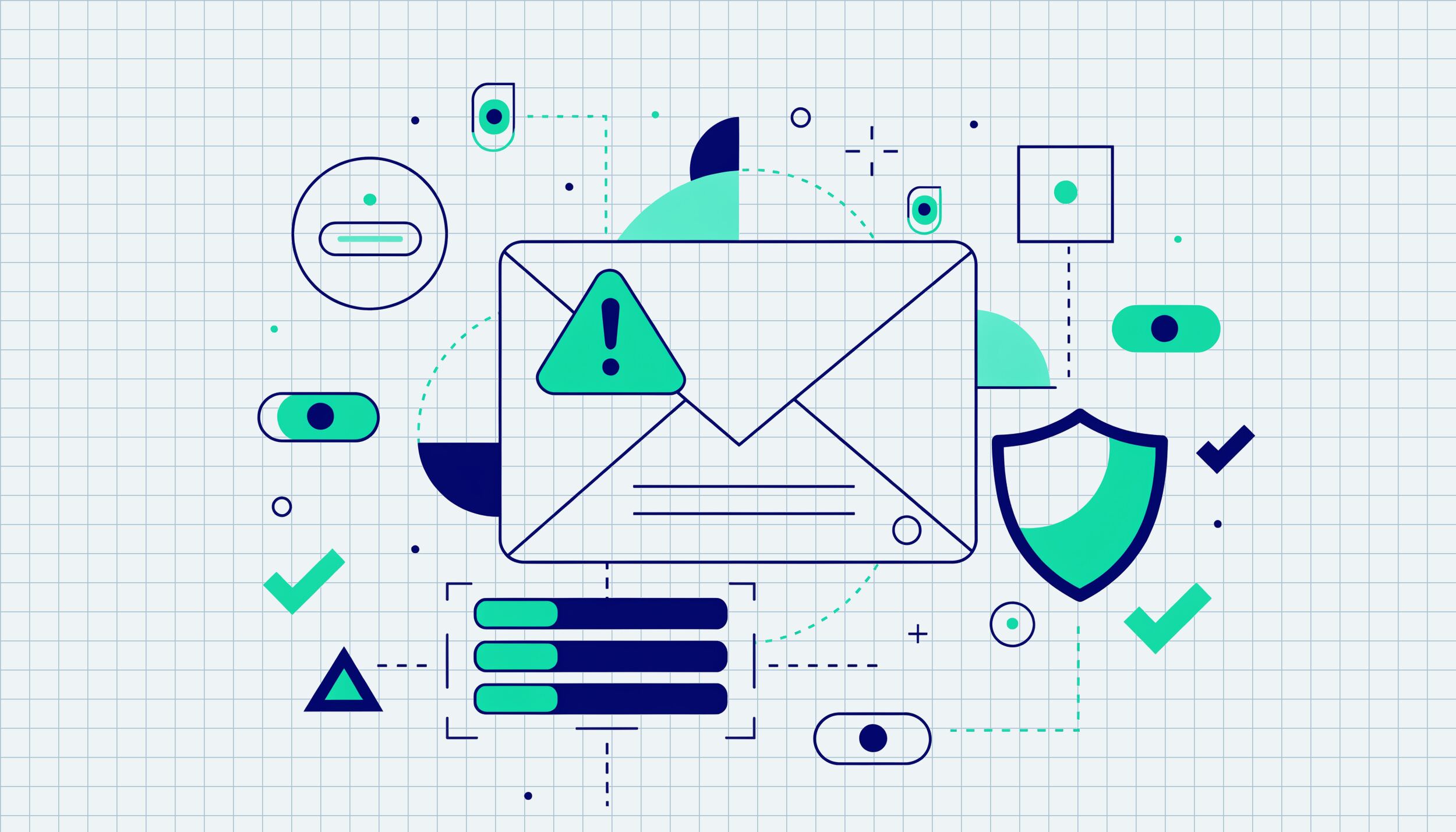 Illustrazione flat di una busta email con un triangolo di avviso e uno scudo, a simboleggiare le email che finiscono nello spam