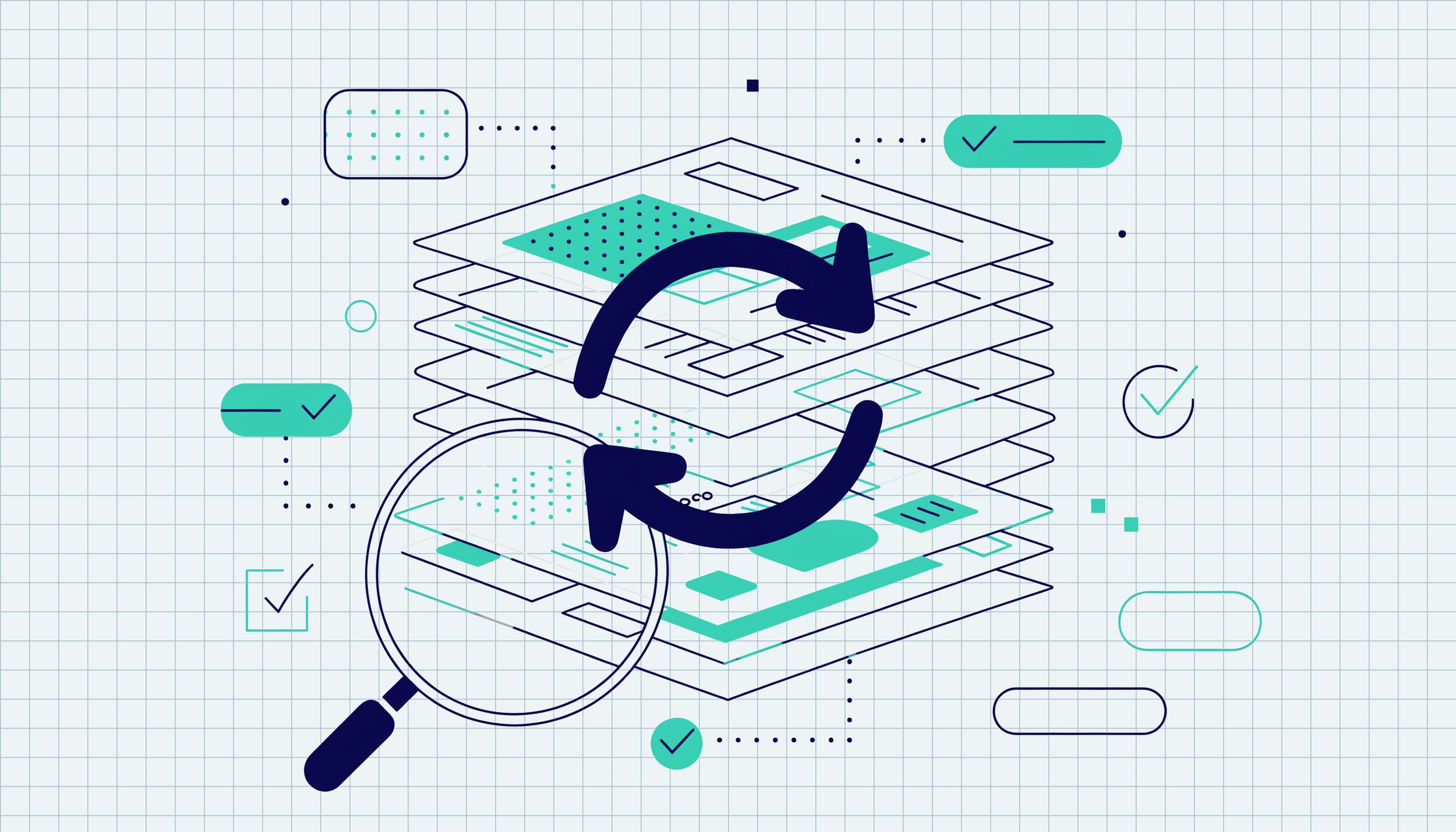 Illustrazione flat di pagine web sovrapposte con frecce di sincronizzazione e lente d'ingrandimento, a simboleggiare il problema della cache che non si aggiorna