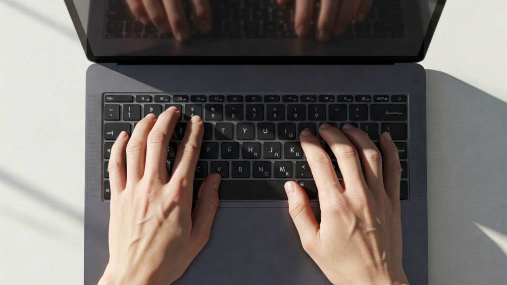 Mani che digitano su tastiera di un laptop, concetto di ottimizzazione metadescrizioni.