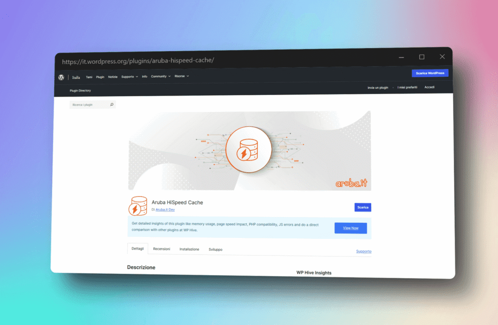Pagina del plugin Aruba HiSpeed Cache per WordPress, con opzioni di download e supporto.