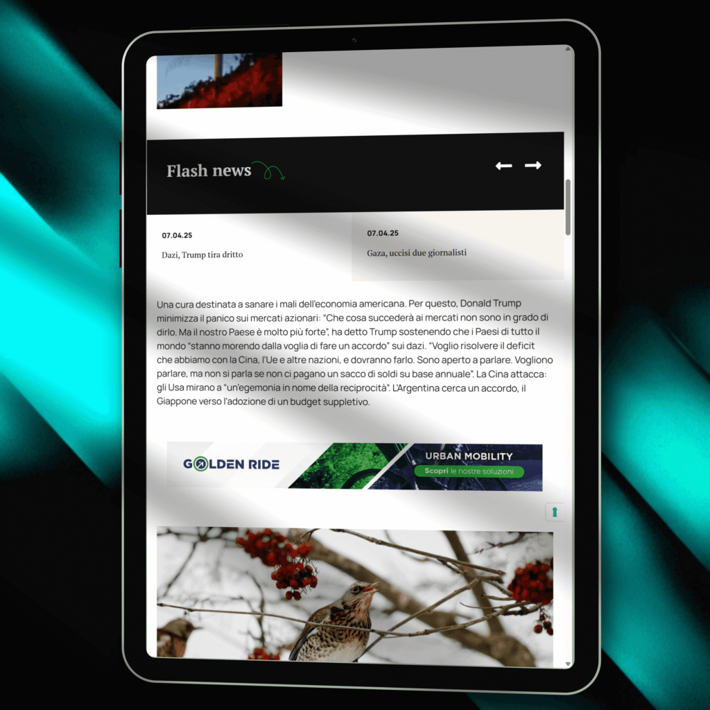 Mockup di un tablet con la sezione 'Flash news' del sito ultimabozza.it.