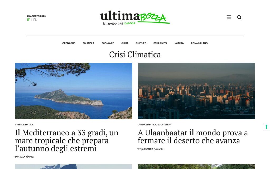 Schermata della pagina archivio Crisi Climatica su Ultimabozza.it