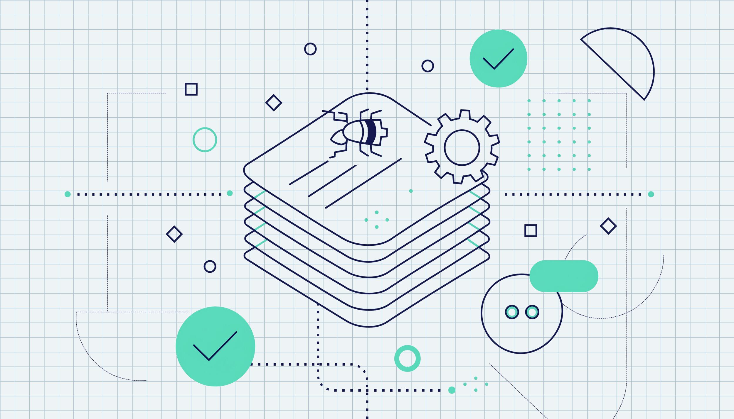 Illustrazione flat di un bug che genera contenuti duplicati in una griglia Elementor, con ingranaggio di correzione accanto