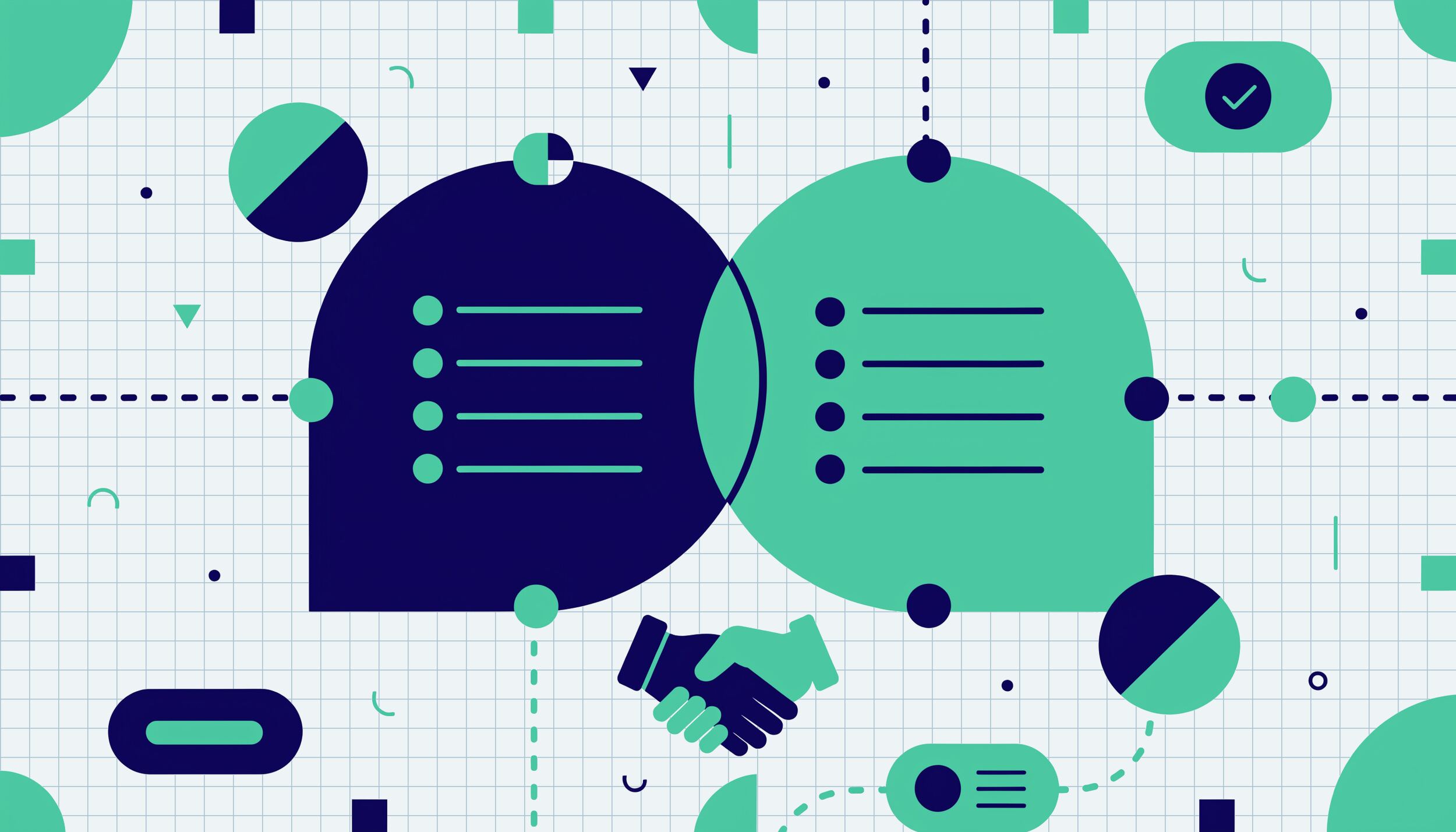 Illustrazione flat di due professionisti che collaborano a un progetto di sito web, con checklist condivisa e stretta di mano