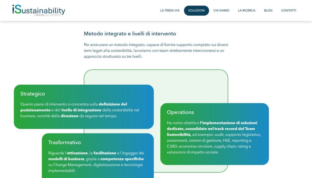 Screenshot della pagina soluzioni del sito iSustainability.it