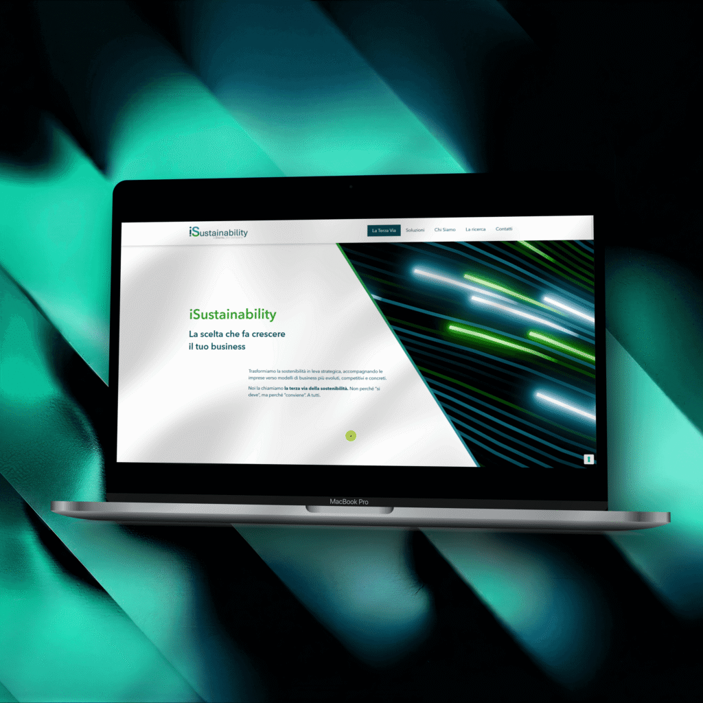 Mockup laptop con homepage iSustainability e grafica verde futuristica su sfondo scuro
