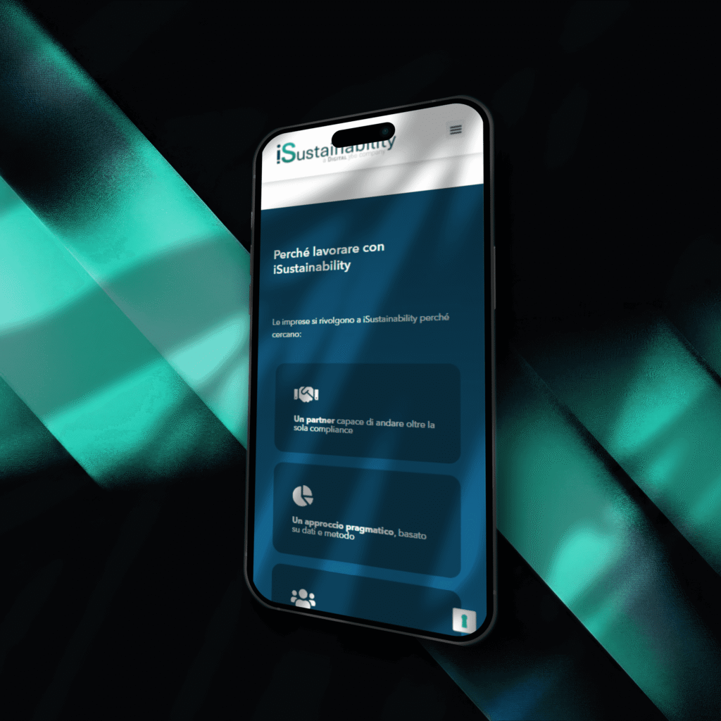 Mockup mobile del sito iSustainability con pagina “Perché lavorare con iSustainability” su smartphone moderno
