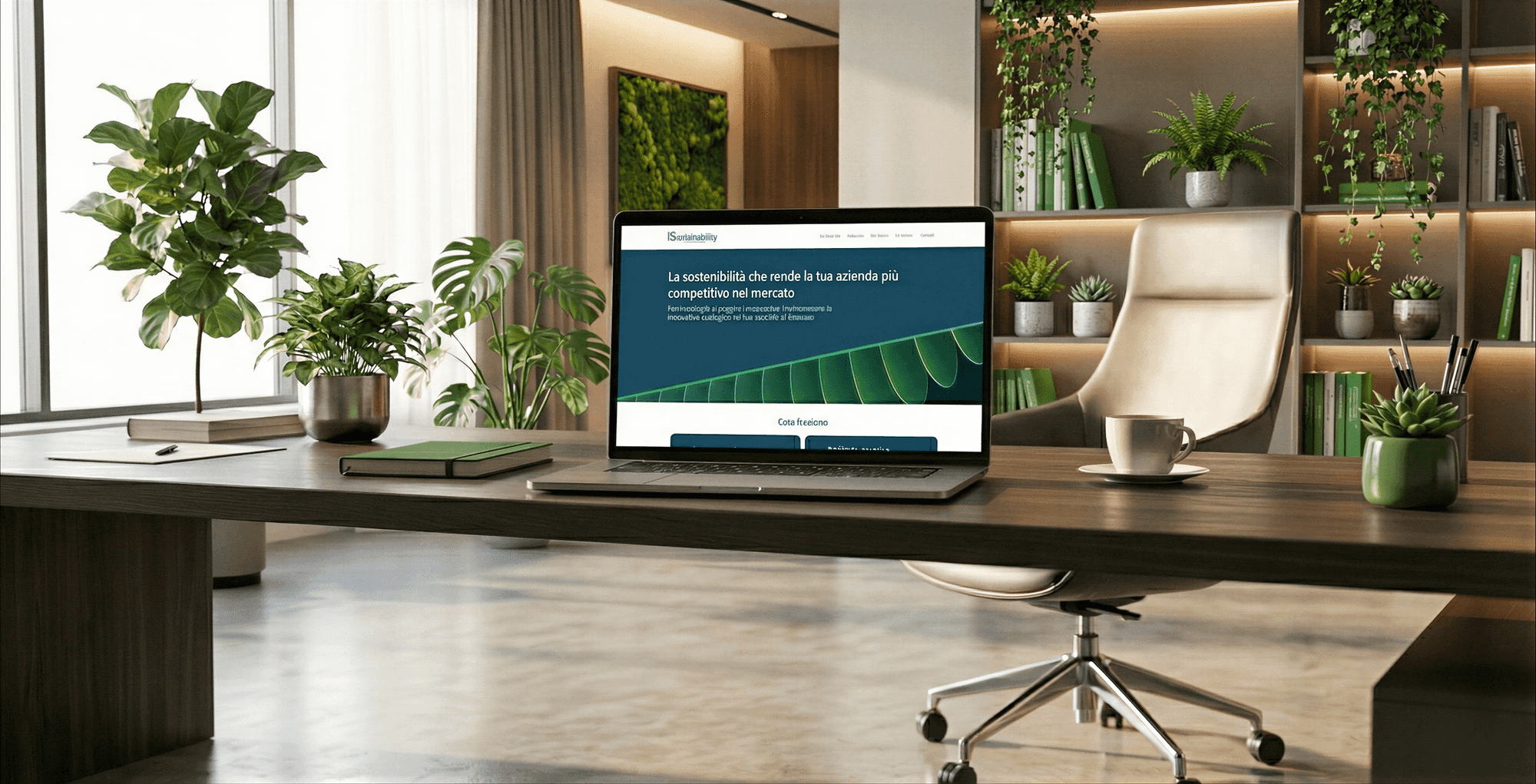Laptop in un ufficio moderno che mostra il mockup del sito iSustainability.it.
