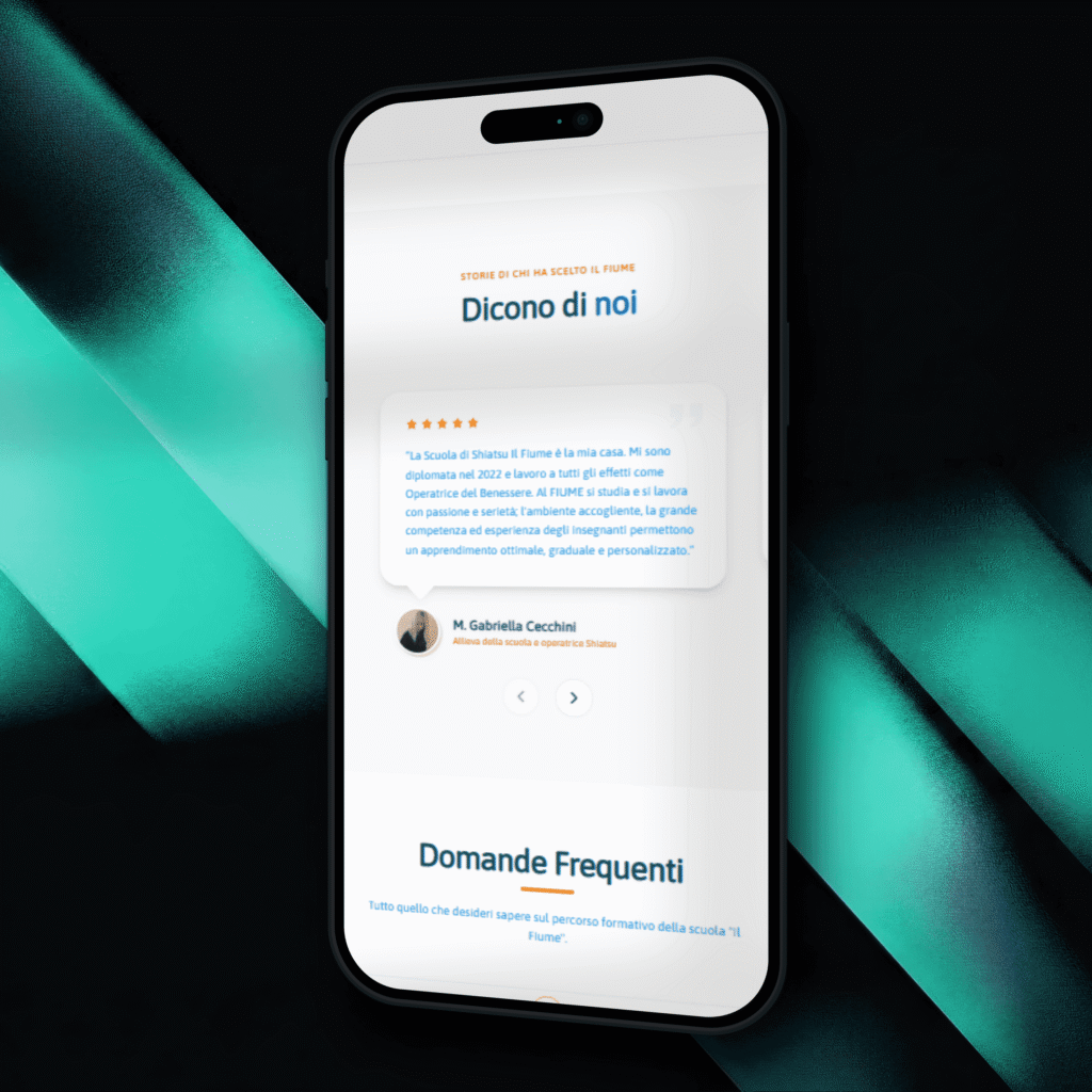 Schermata smartphone con recensioni Open Day Shiatsu Fiume e sezione Domande Frequenti della scuola Il Fiume