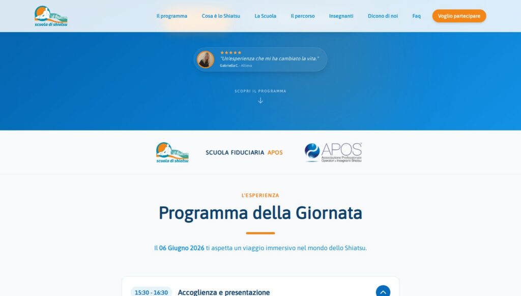 Screenshot di una sezione interna del sito Open Day Shiatsu Il Fiume