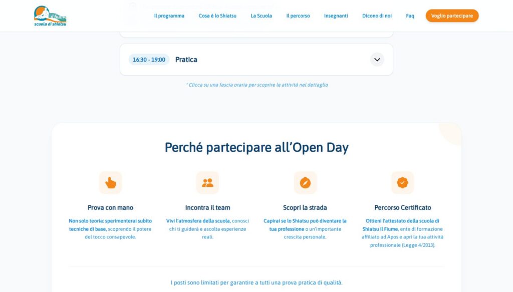 Screenshot del programma eventi del sito Open Day Shiatsu Il Fiume