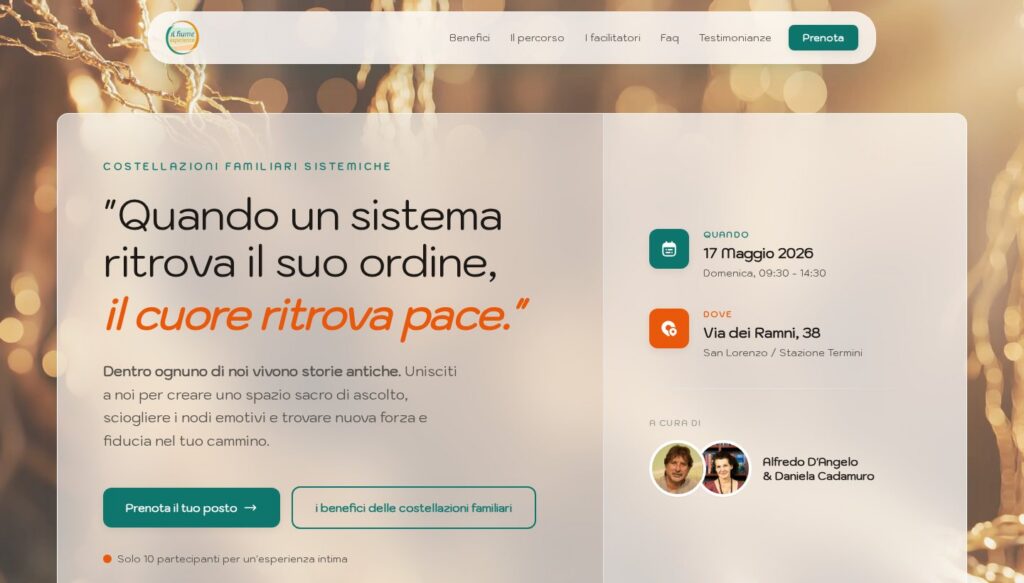 Screenshot della sezione hero del sito Costellazioni Il Fiume