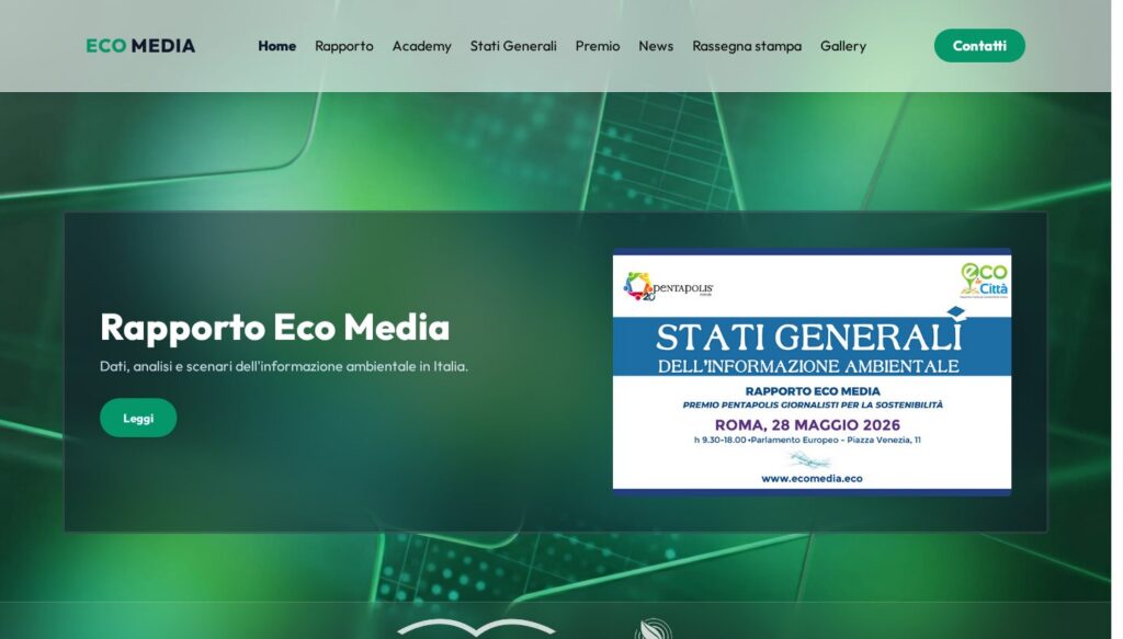 Screenshot della sezione hero del sito ecomedia.eco con il titolo "Rapporto Eco Media"