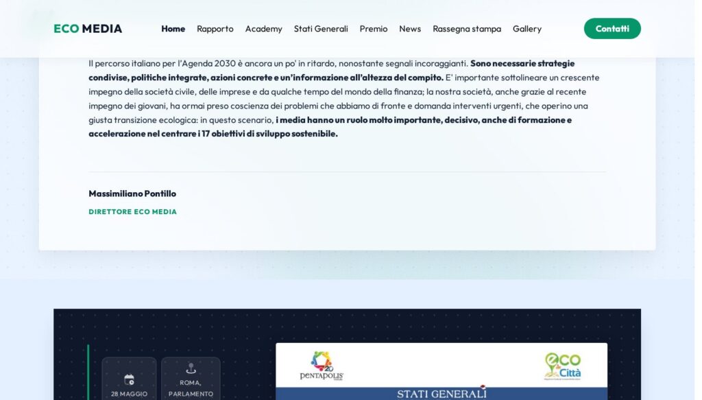 Screenshot della homepage di ecomedia.eco con menu di navigazione laterale