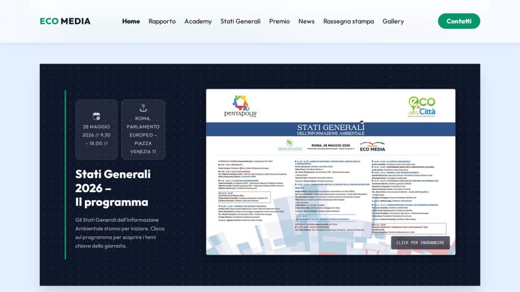 Screenshot annotato della homepage di ecomedia.eco con indicatori numerati sugli elementi del design system
