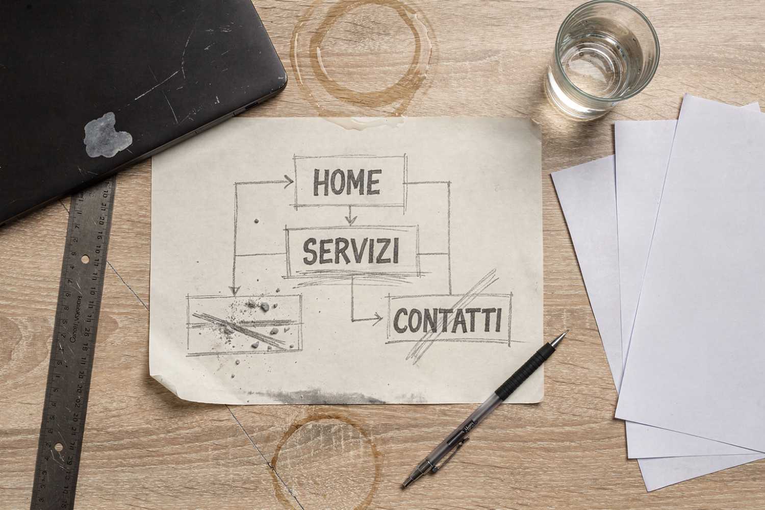Struttura di un sito disegnata a mano su carta con le sezioni Home, Servizi e Contatti, su una scrivania di lavoro