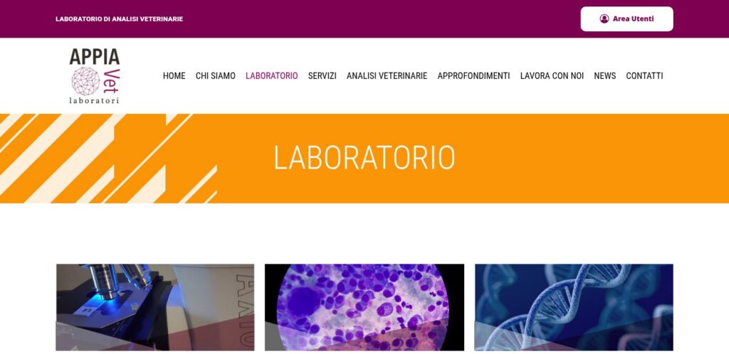 Screenshot della pagina Laboratorio del sito AppiaVet con le sezioni di patologia clinica, citopatologia e biologia molecolare