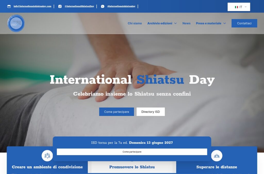 Screenshot della homepage del sito International Shiatsu Day, con hero e sezione di presentazione