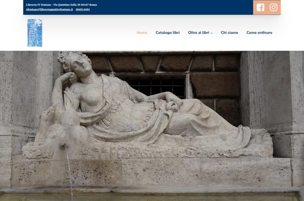 Screenshot della homepage del sito Libreria IV Fontane con foto della celebre fontana