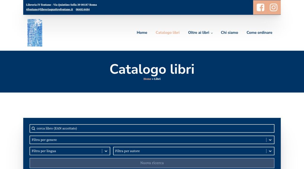 Screenshot della pagina Catalogo libri con i filtri di ricerca per genere, lingua e autore