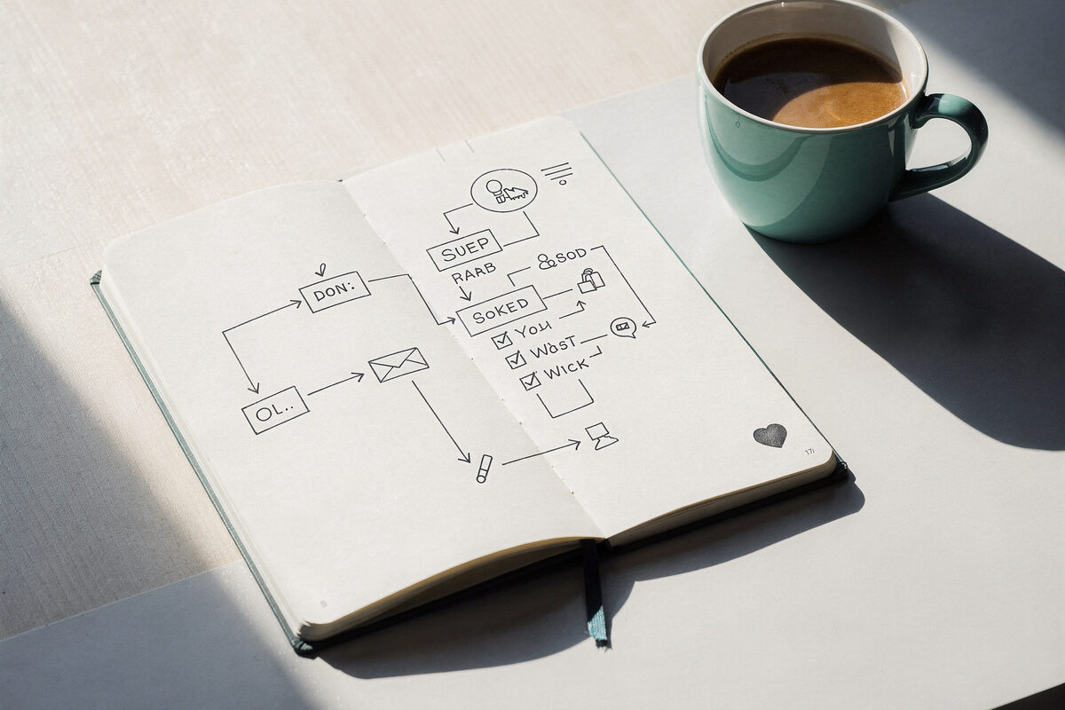 Notebook aperto con checklist disegnata a mano e tazza di caffe su scrivania moderna, momento di pianificazione e chiarezza