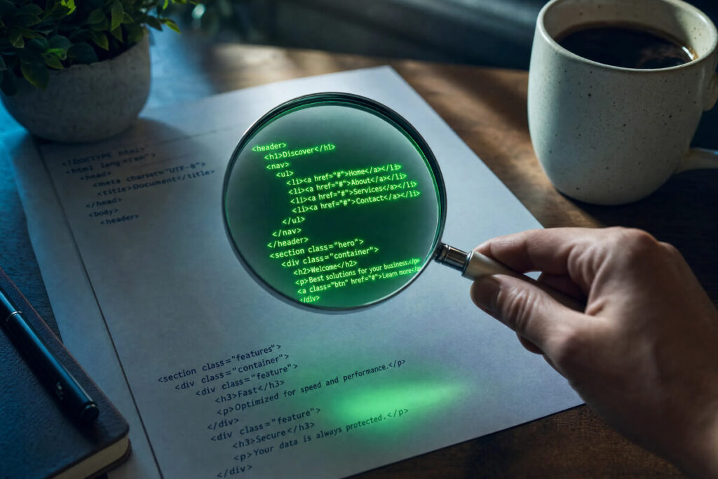 Lente d’ingrandimento moderna su codice HTML, con la porzione evidenziata in verde fluorescente a rappresentare la SEO tecnica
