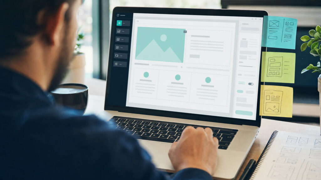 Web designer al lavoro sulla costruzione di un sito, schermo con layout in fase di sviluppo e post-it con schizzi sul monitor