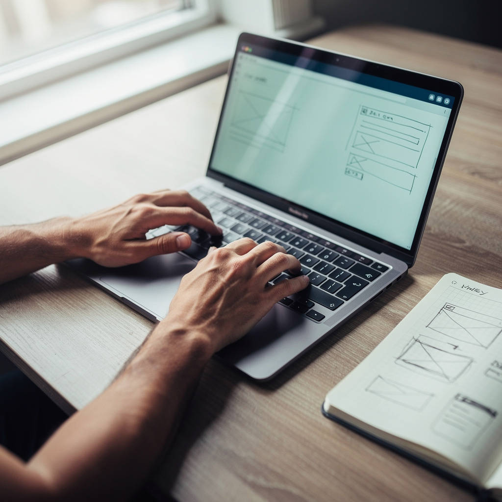 Mani sulla tastiera di un laptop con il wireframe di un sito in progettazione, accanto un quaderno con schizzi UI.